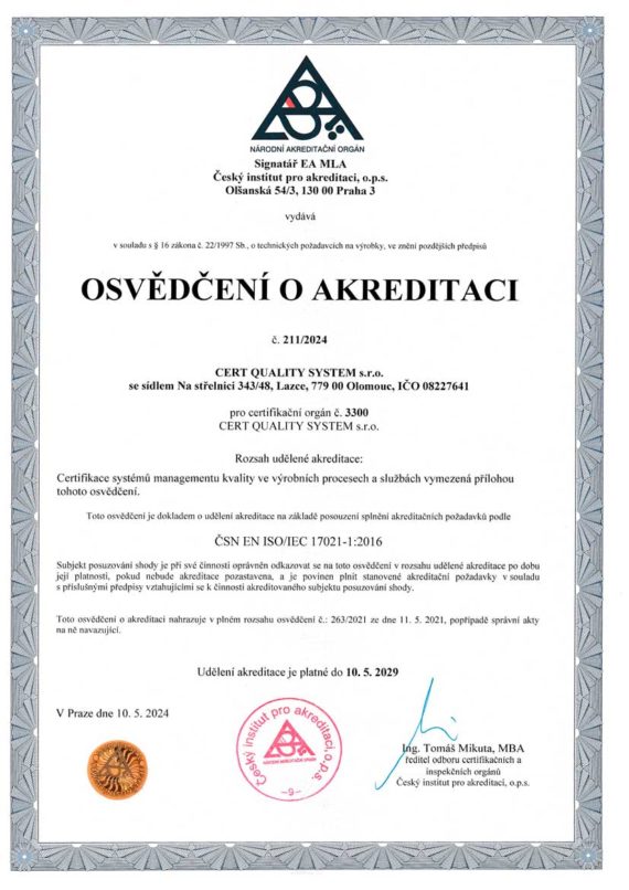 Osvědčení o akreditaci Certquality